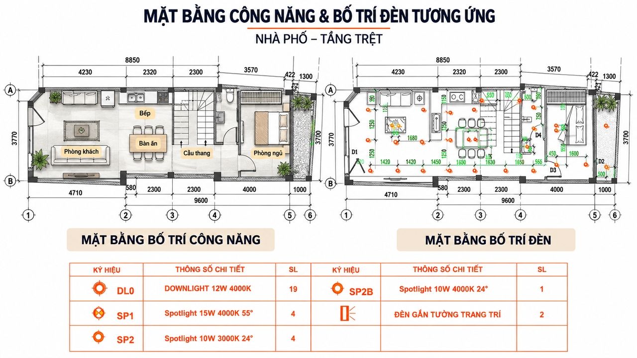 Mặt bằng công năng nhà phố tầng trệt kèm sơ đồ bố trí đèn downlight, spotlight và đèn gắn tường trang trí